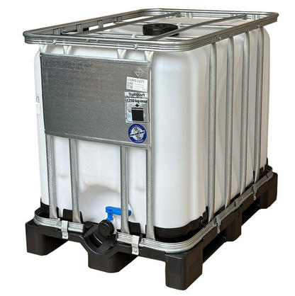 New 600 Litres Chemical Grade Clear IBC Tank on Plastic Pallet