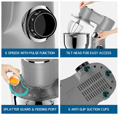 Vospeed Stand Mixer 8L Cake Mixer Electric Kitchen Food Mixer with Stainless Steel Bowl, Beater, Dough Hook, Whisk for Baking, Dishwasher Safe (Grey)